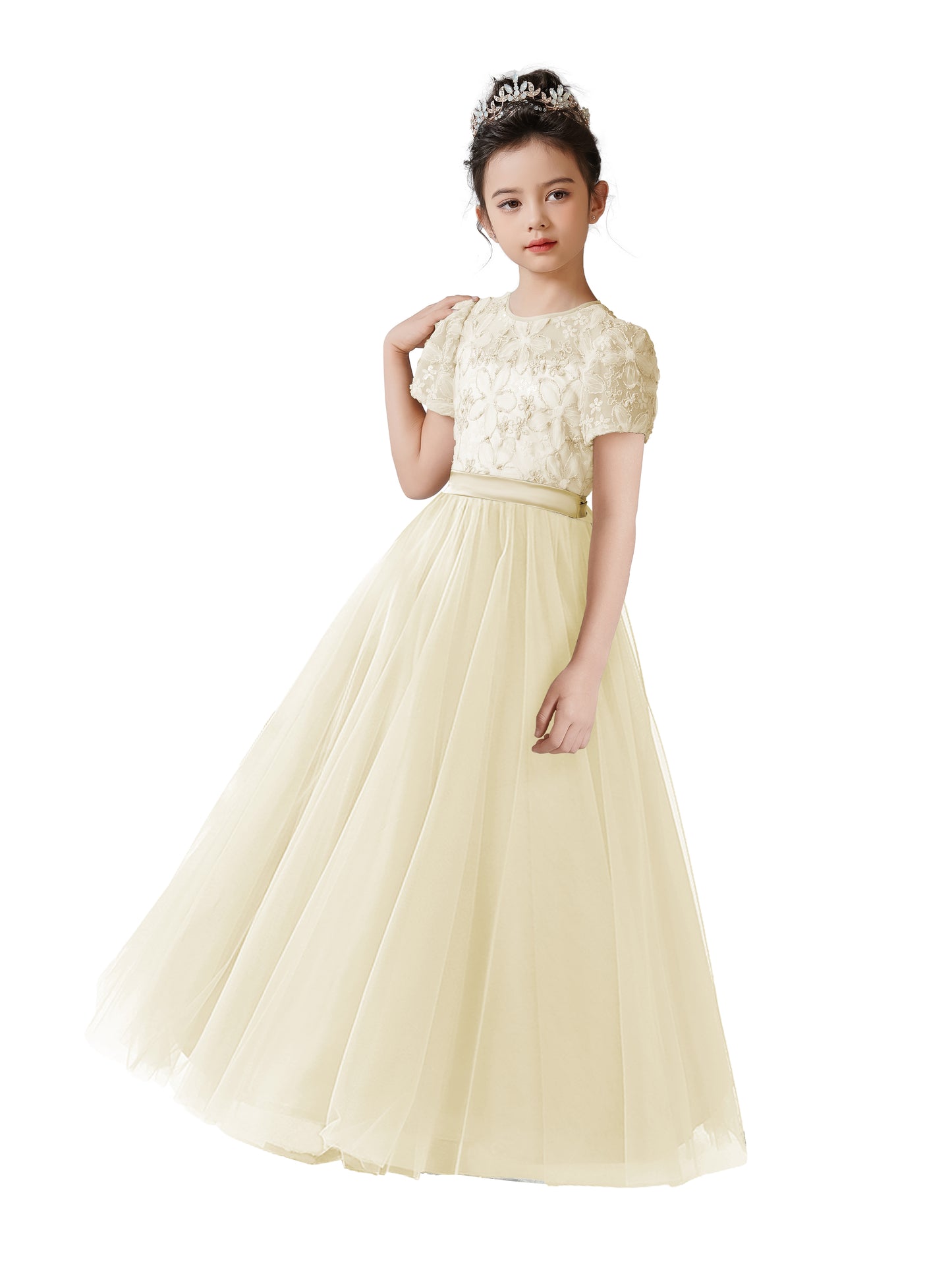 3D Flowers Embroidery Lace Appliqued Puff Tulle Wedding Guest Dress for Girls Tulle Puffy Sleeves Girls Birthday Party Dress