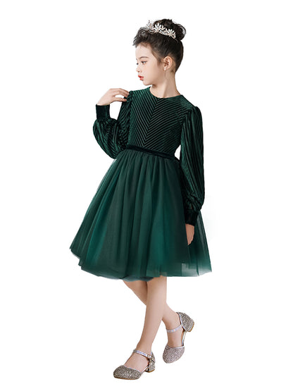 2025 Spring Girls Short Velvet Flower Girl Dress Elegant Formal Dress Lantern Long Sleeves Girls Birthday Party Dress