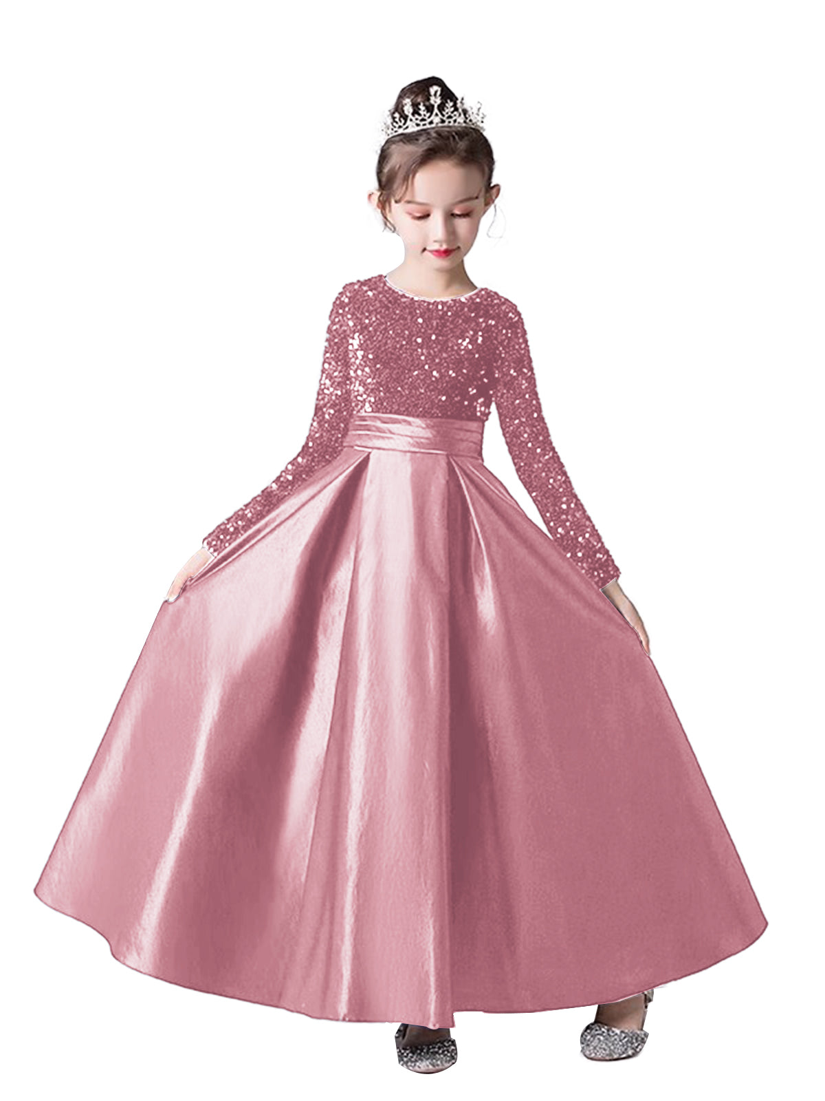 Crew Neck Long Sleeves Sequins Dresses Shining Flower Girls Dress Sparkling Piano Recital Dresses Elegant Satin Party Gown