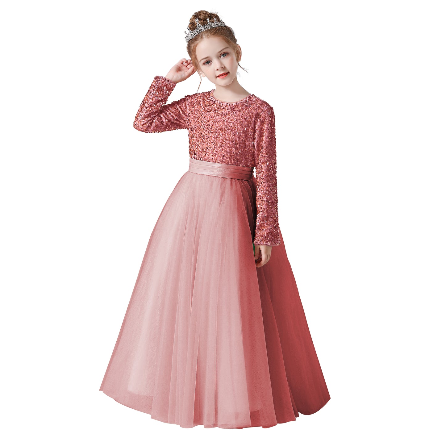 Flower Girl Dress Wedding Bridesmaid Sequins Tulle Puffy Skirt Girls Birthday Party Pageant Gown Floor Length