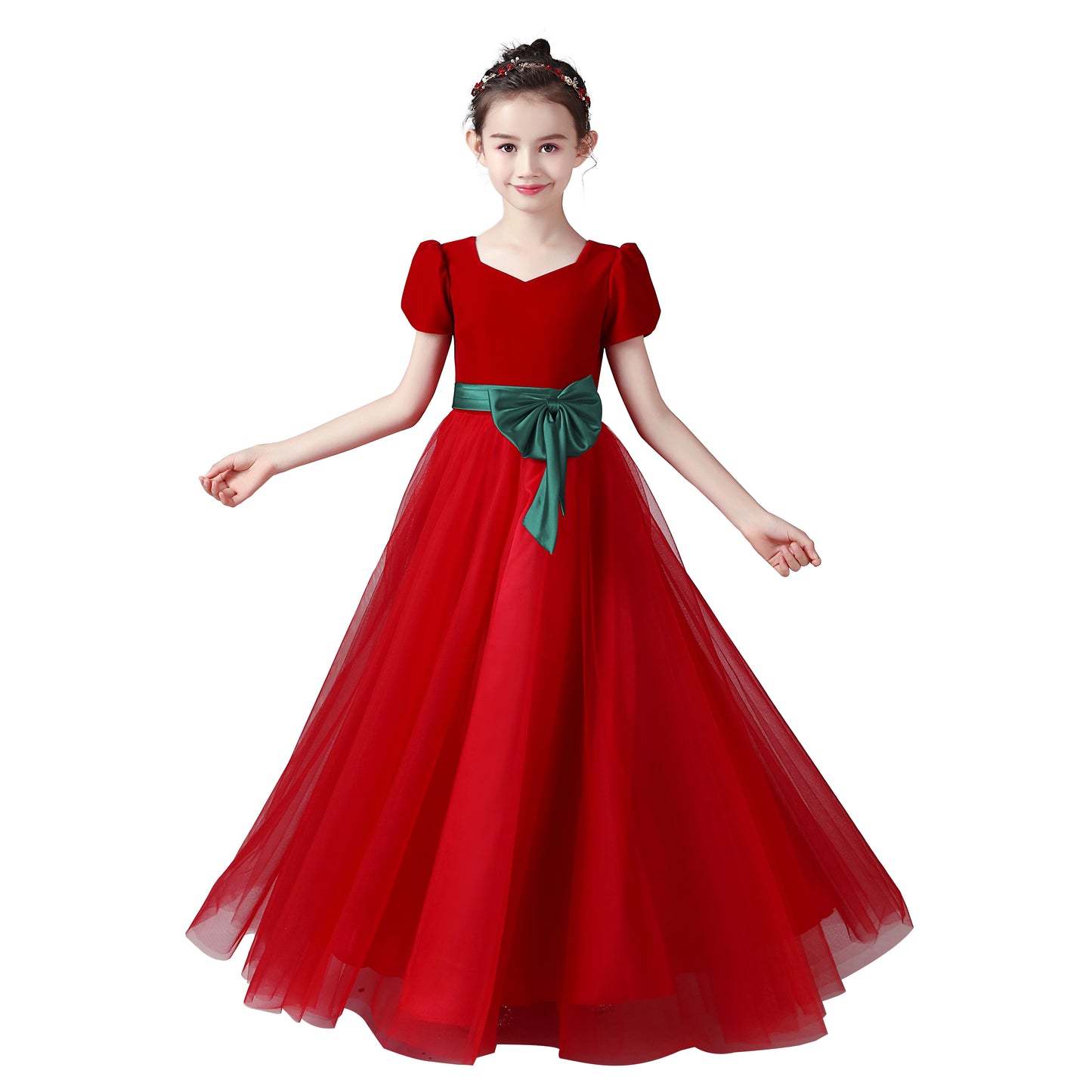 Junior Formal Dresses For Special Occasion Elegant V-Neck Party Dress Red Velvet Ball Gown With Sleeves