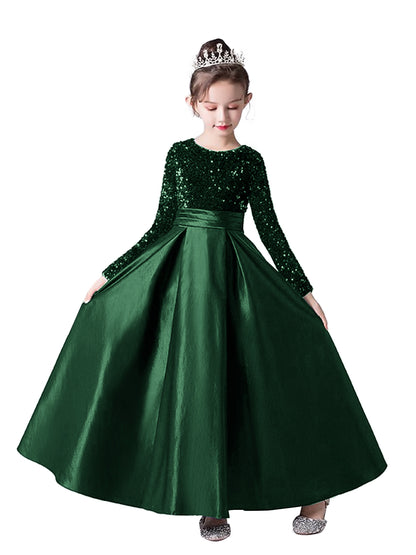 Crew Neck Long Sleeves Sequins Dresses Shining Flower Girls Dress Sparkling Piano Recital Dresses Elegant Satin Party Gown