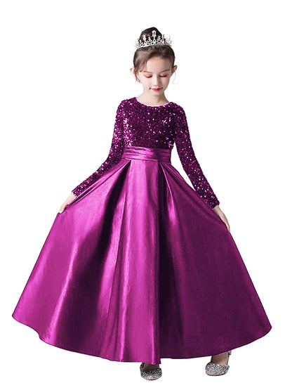 Crew Neck Long Sleeves Sequins Dresses Shining Flower Girls Dress Sparkling Piano Recital Dresses Elegant Satin Party Gown