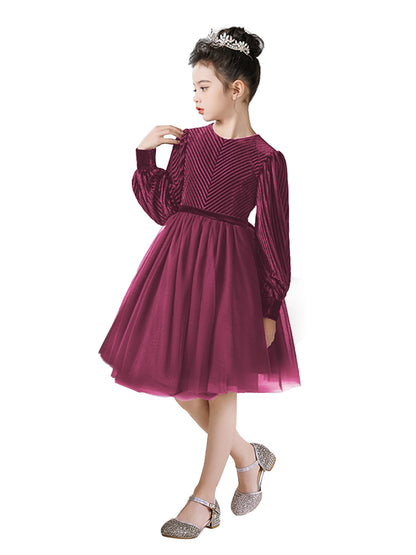 2025 Spring Girls Short Velvet Flower Girl Dress Elegant Formal Dress Lantern Long Sleeves Girls Birthday Party Dress