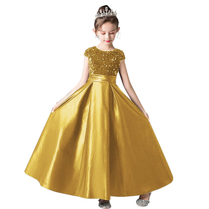 Satin Junior Bridesmaid Dresses Sequins Flower Girls Formal Crew Neck Pageant Dresses For Teens Satin Princess Brithday Party Dress