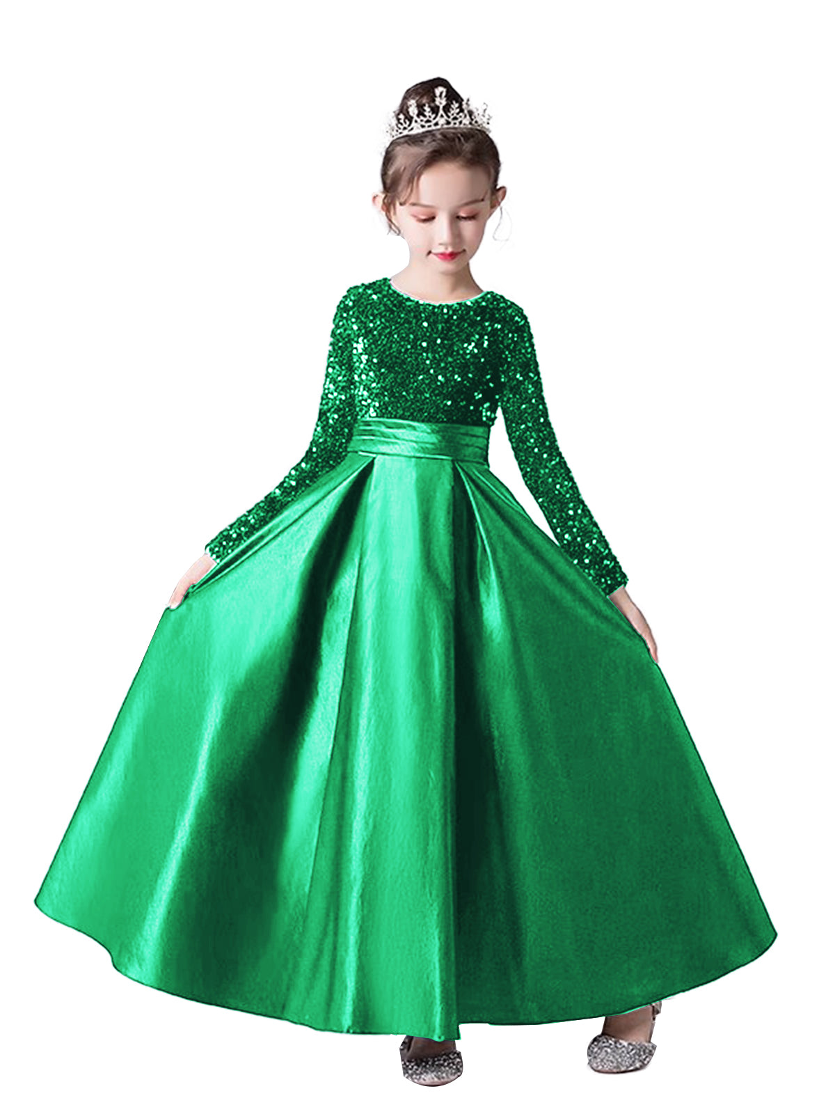 Crew Neck Long Sleeves Sequins Dresses Shining Flower Girls Dress Sparkling Piano Recital Dresses Elegant Satin Party Gown