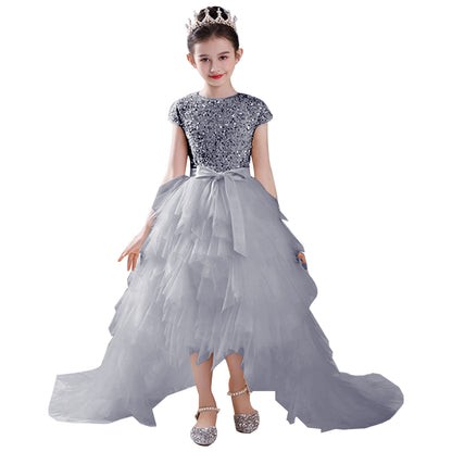 Junior Bridesmaid Dress Sequin Pageant Dress Puff Hi-Lo Birthday Party Dress For Little Girls Detachable Trailing Gown