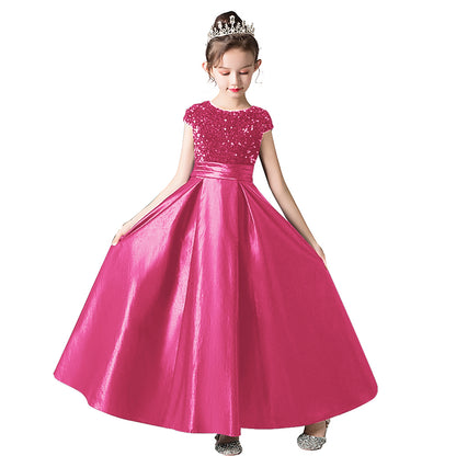 Satin Junior Bridesmaid Dresses Sequins Flower Girls Formal Crew Neck Pageant Dresses For Teens Satin Princess Brithday Party Dress