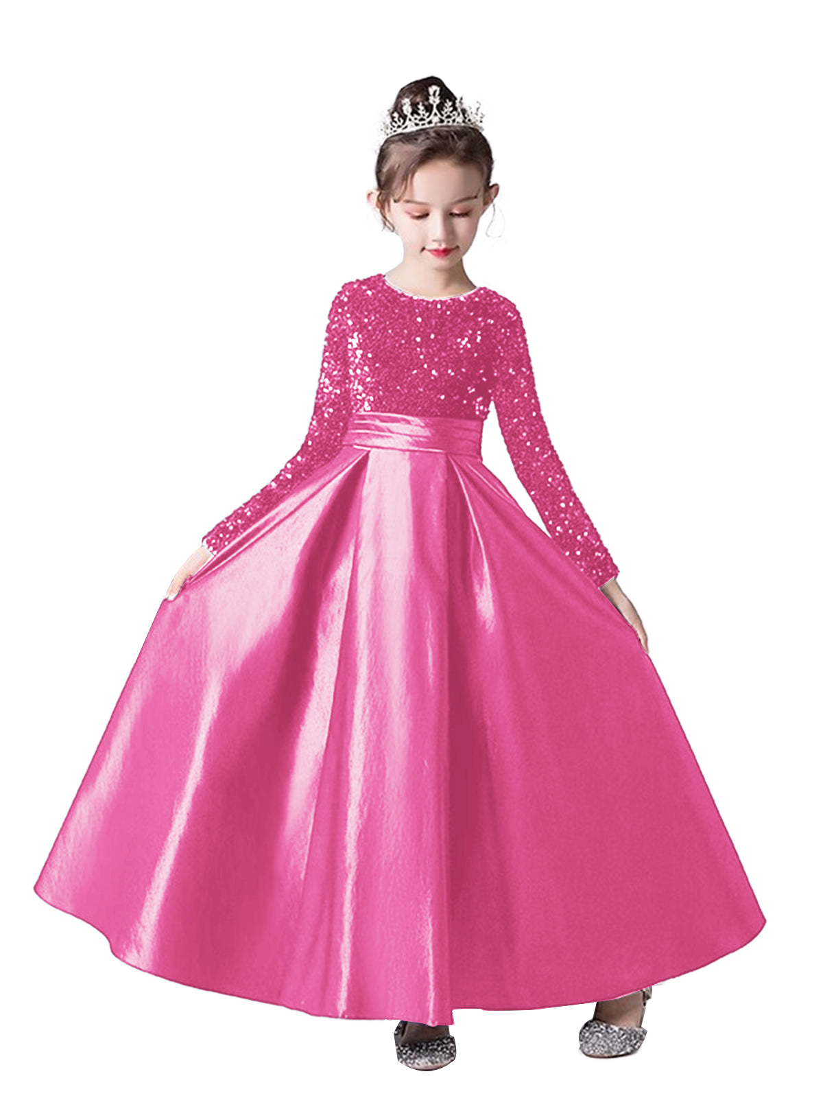 Crew Neck Long Sleeves Sequins Dresses Shining Flower Girls Dress Sparkling Piano Recital Dresses Elegant Satin Party Gown