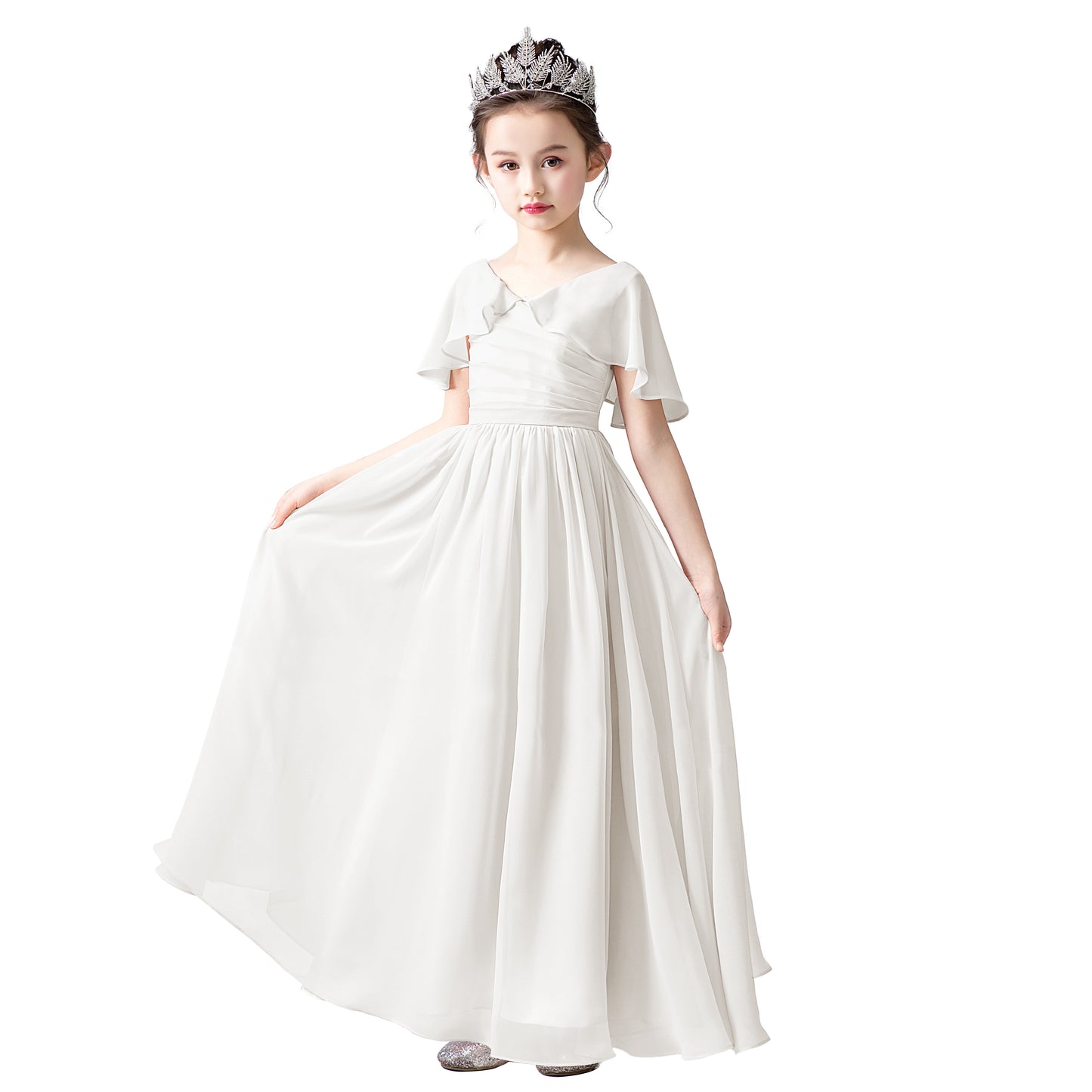 Chiffon Flower Girls Dress Cap Sleeves Junior Bridesmaid Dress for Girls 4-16 Special Occasion Dress for Wedding