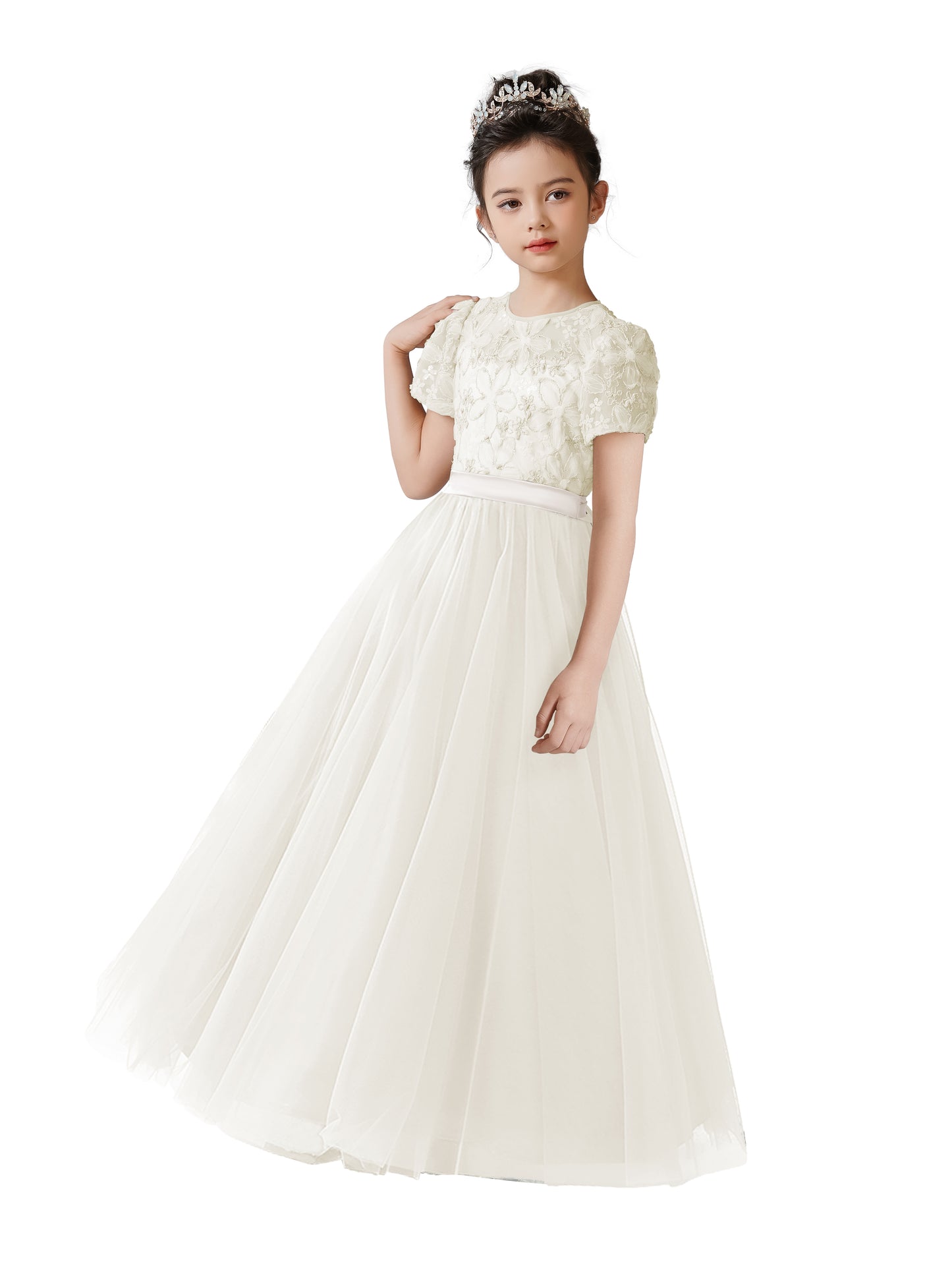 3D Flowers Embroidery Lace Appliqued Puff Tulle Wedding Guest Dress for Girls Tulle Puffy Sleeves Girls Birthday Party Dress