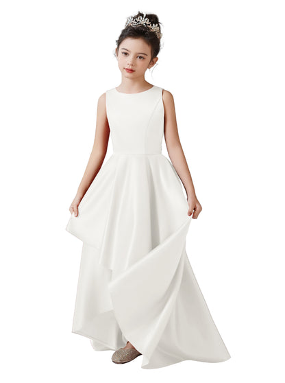 Satin Flower Girls Dress Sleeveless Hi-Lo Girls Party Dresses Formal Special Occasion Dress Wedding Junior Bridesmaid Dress Prom Ball Gown