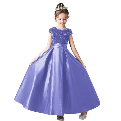 Satin Junior Bridesmaid Dresses Sequins Flower Girls Formal Crew Neck Pageant Dresses For Teens Satin Princess Brithday Party Dress