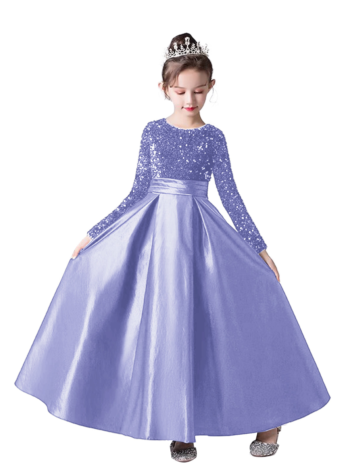 Crew Neck Long Sleeves Sequins Dresses Shining Flower Girls Dress Sparkling Piano Recital Dresses Elegant Satin Party Gown