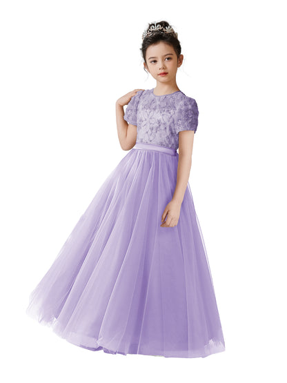 3D Flowers Embroidery Lace Appliqued Puff Tulle Wedding Guest Dress for Girls Tulle Puffy Sleeves Girls Birthday Party Dress