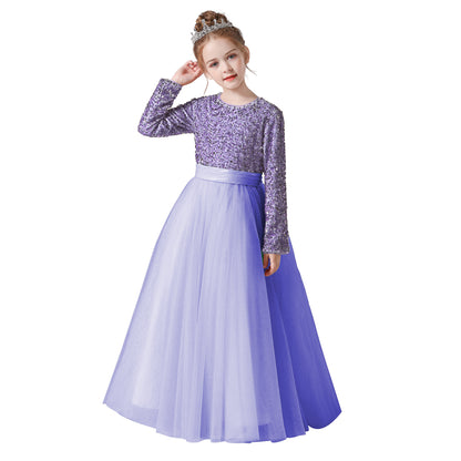 Flower Girl Dress Wedding Bridesmaid Sequins Tulle Puffy Skirt Girls Birthday Party Pageant Gown Floor Length