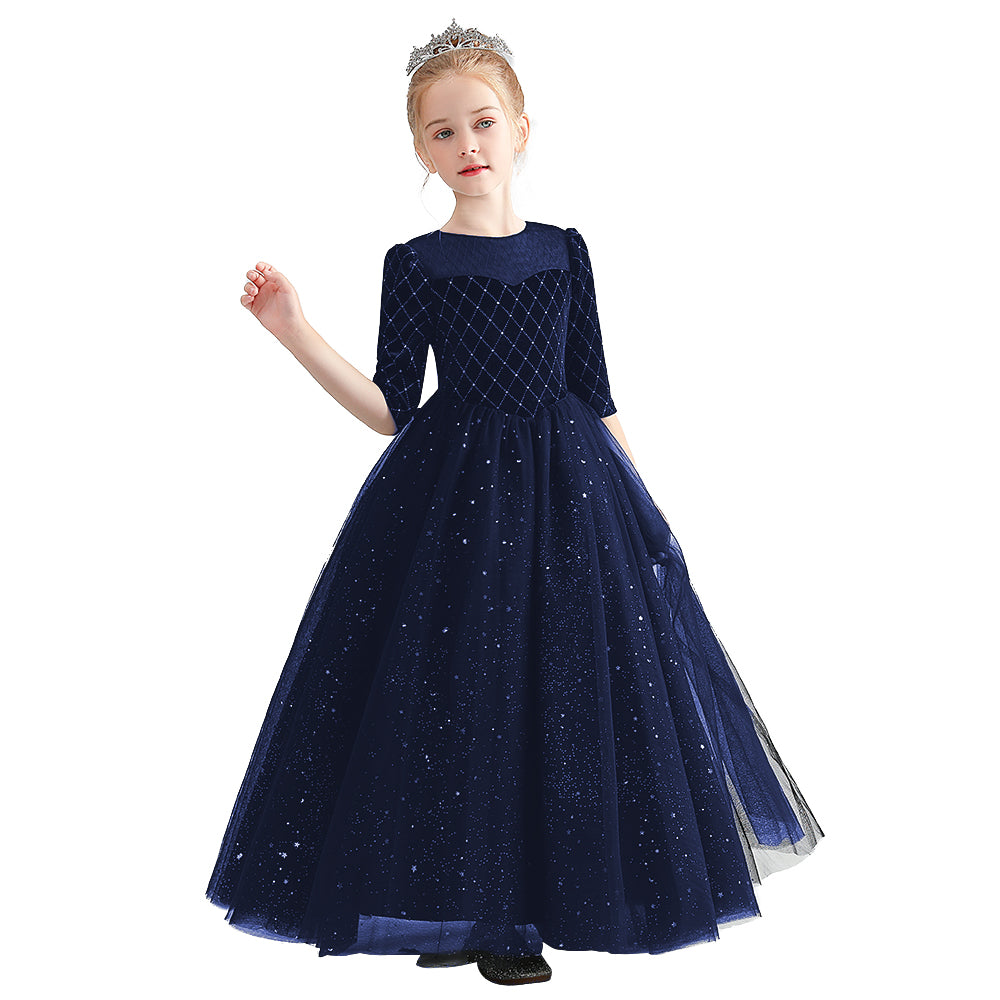 Black Red Velvet Dress For Girls Fancy Shining Stars Dresses Big Bow Girls Party Dresses Tulle Floor Length