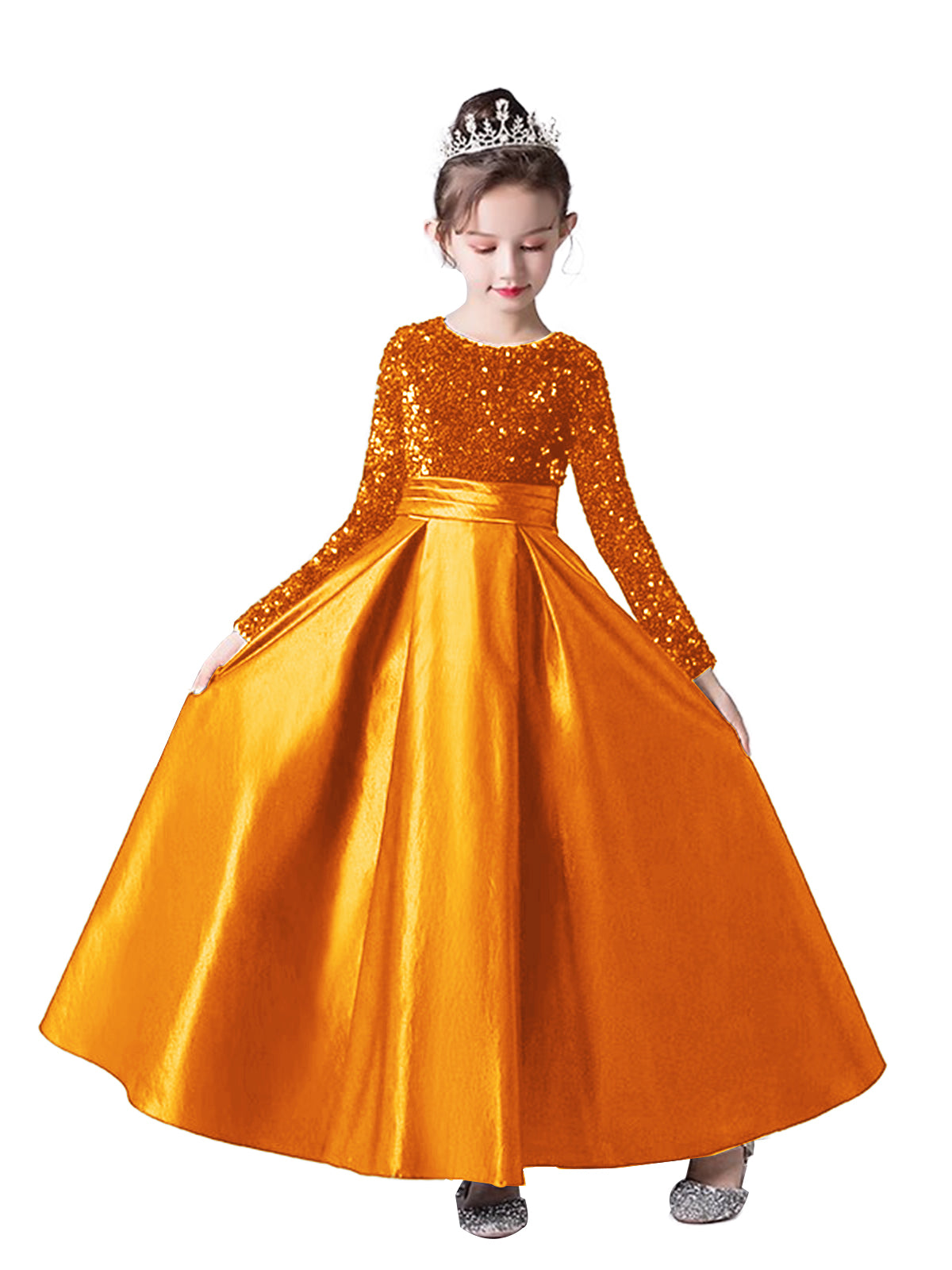 Crew Neck Long Sleeves Sequins Dresses Shining Flower Girls Dress Sparkling Piano Recital Dresses Elegant Satin Party Gown