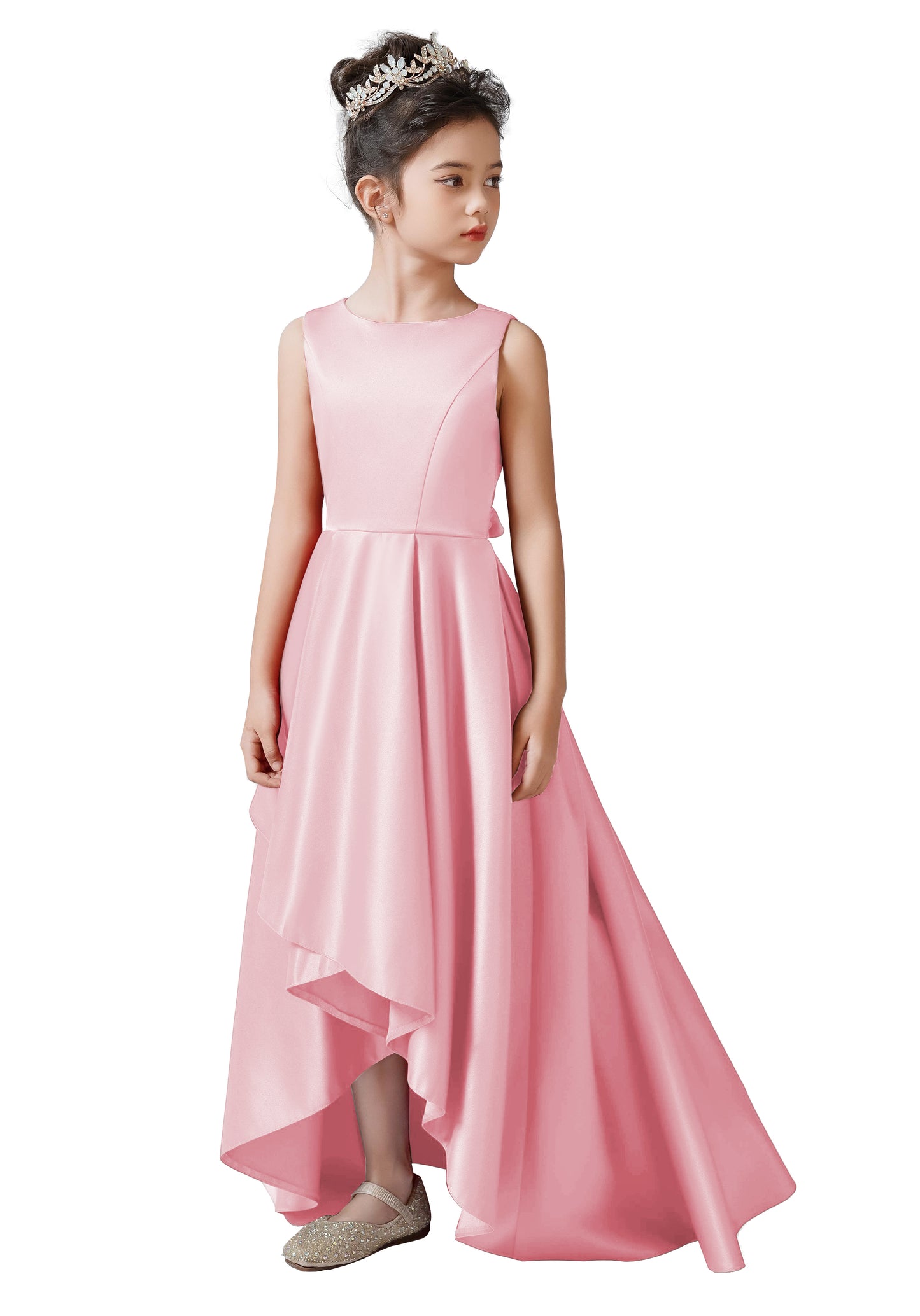 Satin Flower Girls Dress Sleeveless Hi-Lo Girls Party Dresses Formal Special Occasion Dress Wedding Junior Bridesmaid Dress Prom Ball Gown