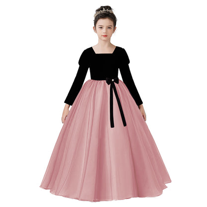 Velvet Tulle Flower Girl Dress for Wedding Girls First Communion Dress Long Sleeves Birthday Party Dress Prom Ball Gown