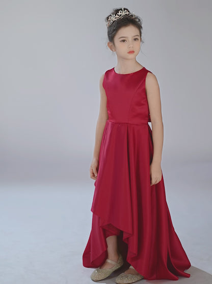 Satin Flower Girls Dress Sleeveless Hi-Lo Girls Party Dresses Formal Special Occasion Dress Wedding Junior Bridesmaid Dress Prom Ball Gown