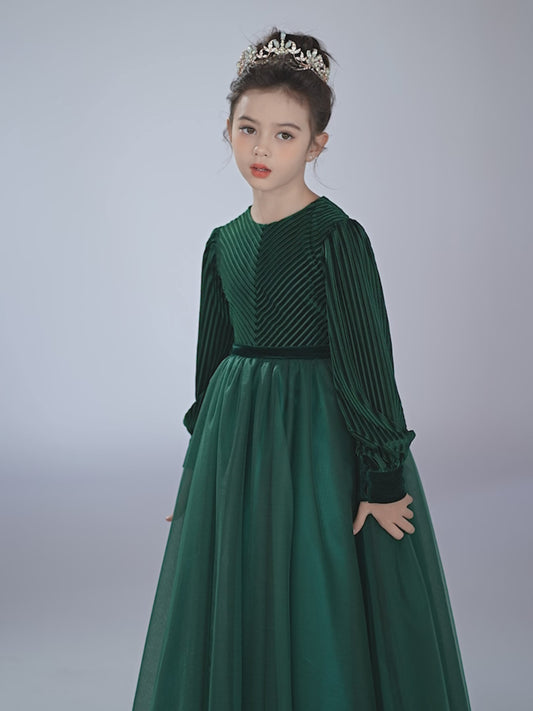 Girls Velvet Flower Girl Dress Elegant Formal Dress Lantern Long Sleeves Girls Birthday Party Dress