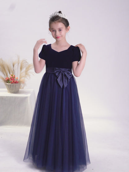 Junior Formal Dresses For Special Occasion Elegant V-Neck Party Dress Red Velvet Ball Gown With Sleeves