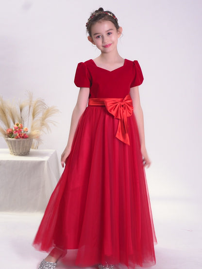 Junior Formal Dresses For Special Occasion Elegant V-Neck Party Dress Red Velvet Ball Gown With Sleeves