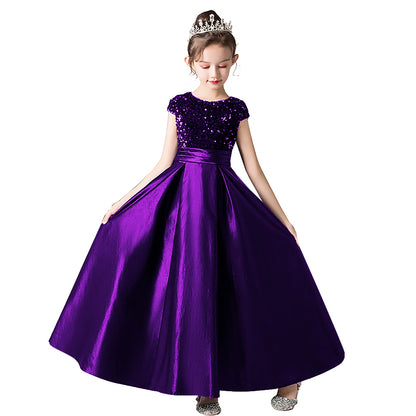 Satin Junior Bridesmaid Dresses Sequins Flower Girls Formal Crew Neck Pageant Dresses For Teens Satin Princess Brithday Party Dress