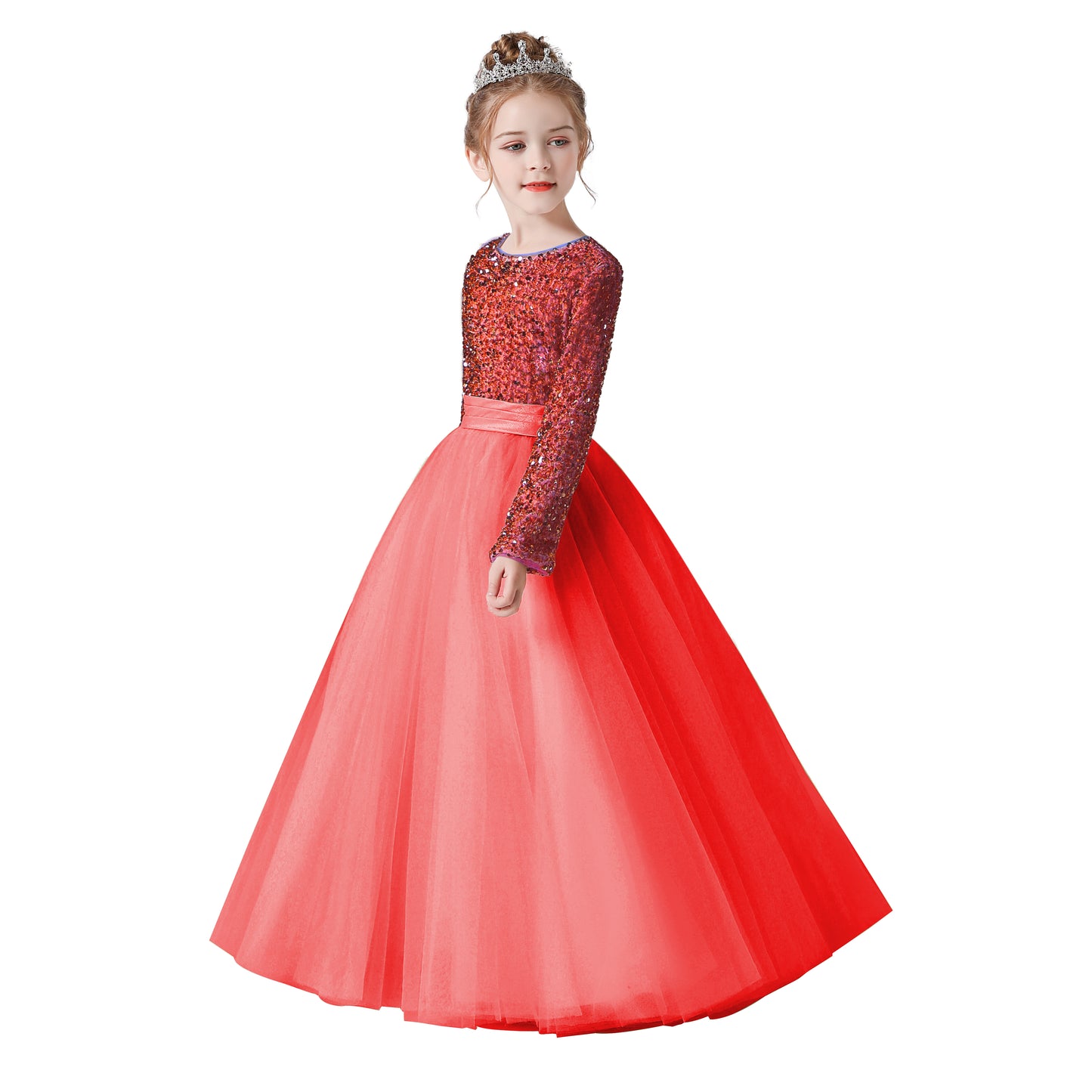 Flower Girl Dress Wedding Bridesmaid Sequins Tulle Puffy Skirt Girls Birthday Party Pageant Gown Floor Length