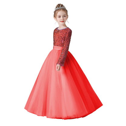 Flower Girl Dress Wedding Bridesmaid Sequins Tulle Puffy Skirt Girls Birthday Party Pageant Gown Floor Length