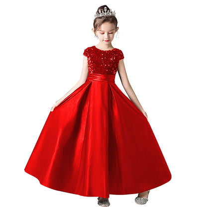 Satin Junior Bridesmaid Dresses Sequins Flower Girls Formal Crew Neck Pageant Dresses For Teens Satin Princess Brithday Party Dress