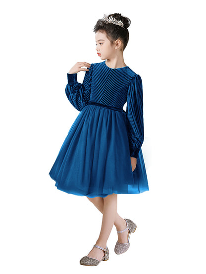 2025 Spring Girls Short Velvet Flower Girl Dress Elegant Formal Dress Lantern Long Sleeves Girls Birthday Party Dress