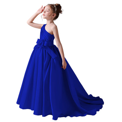 Girls Pageant Dresses One Shoulder Sleeveless Formal Satin Flower Girls Dress for Wedding Princess Ball Gown Flower Belt Dress