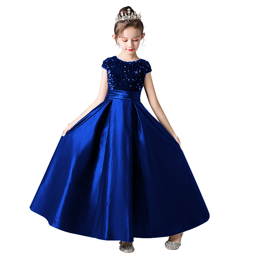 Satin Junior Bridesmaid Dresses Sequins Flower Girls Formal Crew Neck Pageant Dresses For Teens Satin Princess Brithday Party Dress