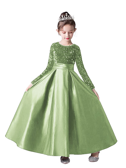 Crew Neck Long Sleeves Sequins Dresses Shining Flower Girls Dress Sparkling Piano Recital Dresses Elegant Satin Party Gown