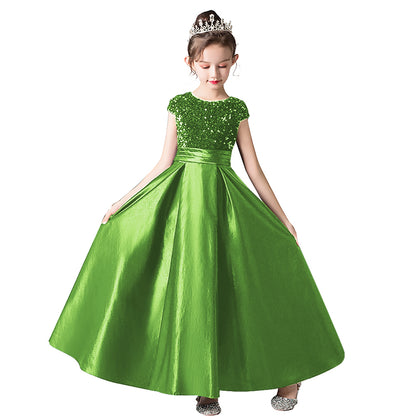 Satin Junior Bridesmaid Dresses Sequins Flower Girls Formal Crew Neck Pageant Dresses For Teens Satin Princess Brithday Party Dress