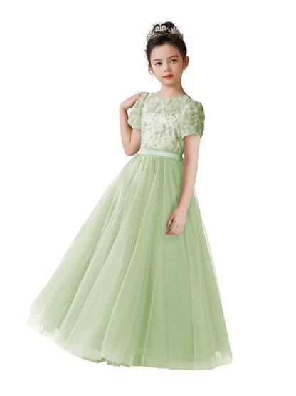 3D Flowers Embroidery Lace Appliqued Puff Tulle Wedding Guest Dress for Girls Tulle Puffy Sleeves Girls Birthday Party Dress