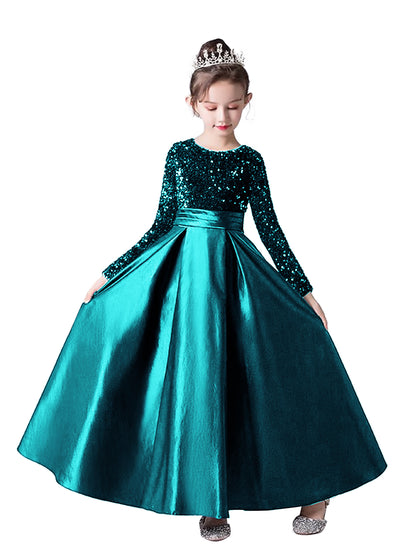 Crew Neck Long Sleeves Sequins Dresses Shining Flower Girls Dress Sparkling Piano Recital Dresses Elegant Satin Party Gown