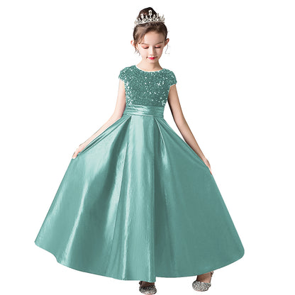 Satin Junior Bridesmaid Dresses Sequins Flower Girls Formal Crew Neck Pageant Dresses For Teens Satin Princess Brithday Party Dress