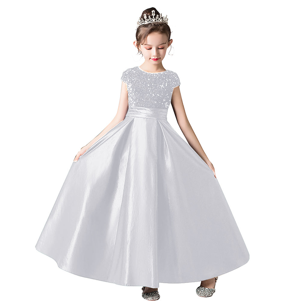 Satin Junior Bridesmaid Dresses Sequins Flower Girls Formal Crew Neck Pageant Dresses For Teens Satin Princess Brithday Party Dress