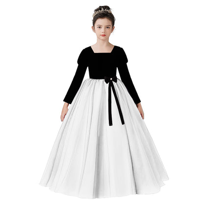 Velvet Tulle Flower Girl Dress for Wedding Girls First Communion Dress Long Sleeves Birthday Party Dress Prom Ball Gown