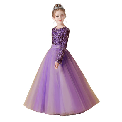 Flower Girl Dress Wedding Bridesmaid Sequins Tulle Puffy Skirt Girls Birthday Party Pageant Gown Floor Length