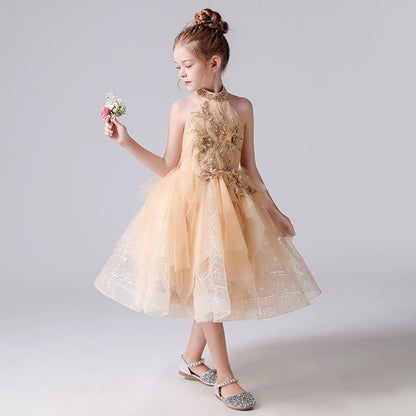 Gold Flower Girl Dress Junior Brithday Party Dresses Tulle Pageant Dress For Girls Off The Shoulder