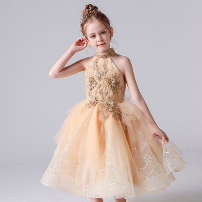 Gold Flower Girl Dress Junior Brithday Party Dresses Tulle Pageant Dress For Girls Off The Shoulder