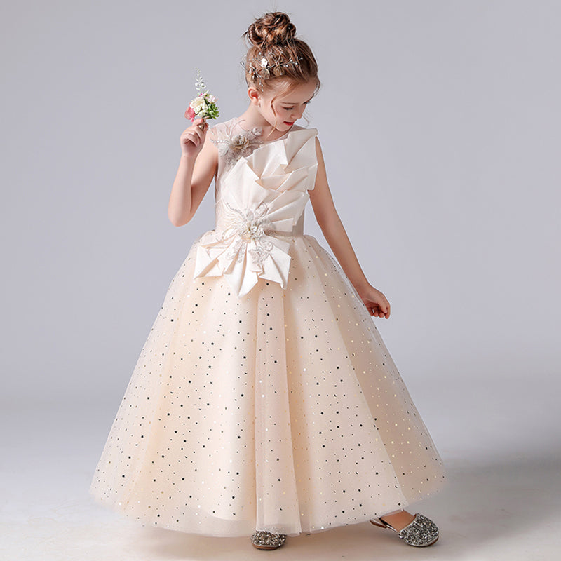 Junior Champagne Communion Dresses Girls Princess Pageant Dresses Sequin Tulle Formal Dresses For Teens Floor Length