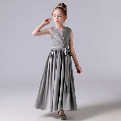 Grey Junior Bridesmaid Dress Girls V-Neck Formal Dresses Birthday Party Dresses For Teen Girls Sleeveless