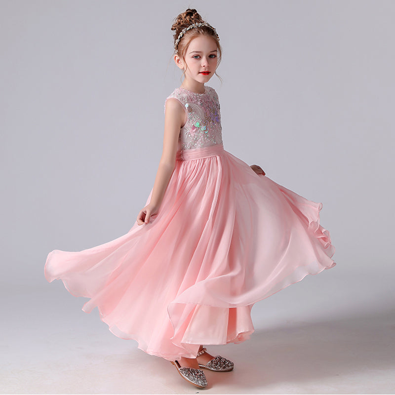 Pink Junior Bridesmaid Dress For Wedding Flower Girl Dresses Sequin Chiffon Ball Gown Sleeveless