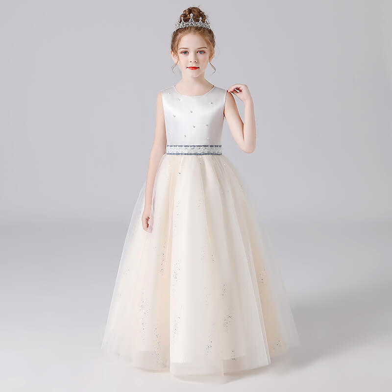 Champagne Junior Bridesmaid Dresses Tulle Flower Girl Dresses Ball Gown For Teens Floor Length