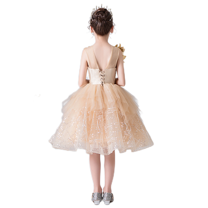 Gold Flower Girl Dress Princess Birthday Party Ball Gown Beaded Pageant Dress